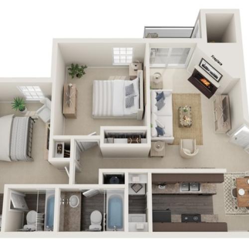 Two Bedrooms | Two Bathrooms | 960 sqft | Patio/Balcony | Fireplace | Full-Sized Washer/Dryer Connections