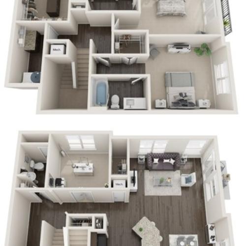 Warwick | Two Bedrooms | Two Full Bathrooms | Half Bathroom on First Level | Townhome | 2072 sqft | Full Sized Washer/Dryer | Study | Balcony and Walk Up
