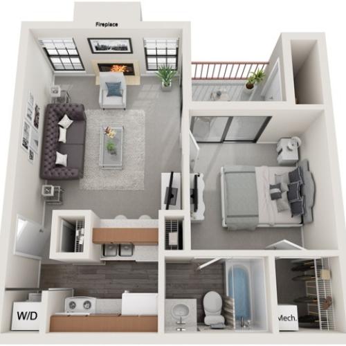 One Bedroom | 520 sqft | Stackable Washer/Dryer Connections | Patio/Balcony | Fireplace in Selected Units | Dry Bar in Selected Units | Vaulted Ceilings in Selected Units