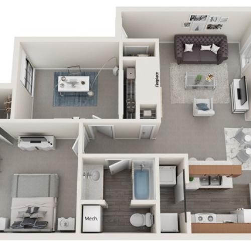 Two Bedrooms | One Bathroom | 860 sqft | Full-Sized Washer/Dryer Connections | Patio/Balcony | Fireplace | Vaulted Ceilings in Selected Units