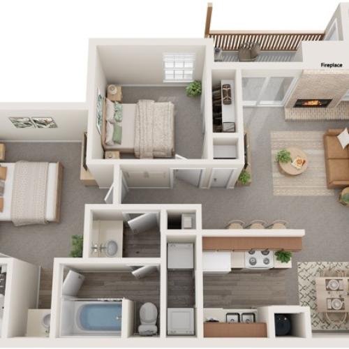 Two Bedrooms | One Bathroom | 850 sqft | Full-Size Washer/Dryer Connections | Patio/Balcony w/Storage | Walk-in Closet in Primary Bedroom | Built-in Bookshelves | Fireplace in select units