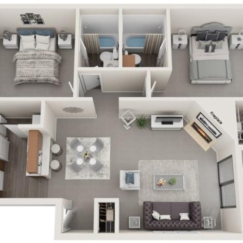Two Bedrooms | Two Bathrooms | 964 sqft | Full-Sized Washer/Dryer Connections | Patio/Balcony | Fireplace | Vaulted Ceiling in Selected Units