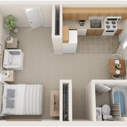 Medium Studio​ | 420 sqft | Fully Equipped Eat-in Kitchen | Heat and Hot Water Included