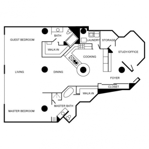 Floorplan of unit with two bedrooms, two bathrooms, and an office.