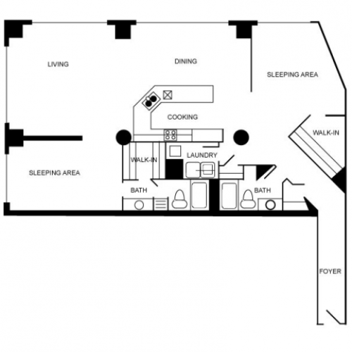 Floor plan of a two bedroom and two bathroom apartment unti.
