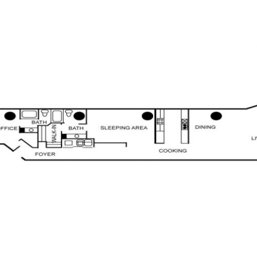 Two bedroom and two-bathroom apartment floor plan.