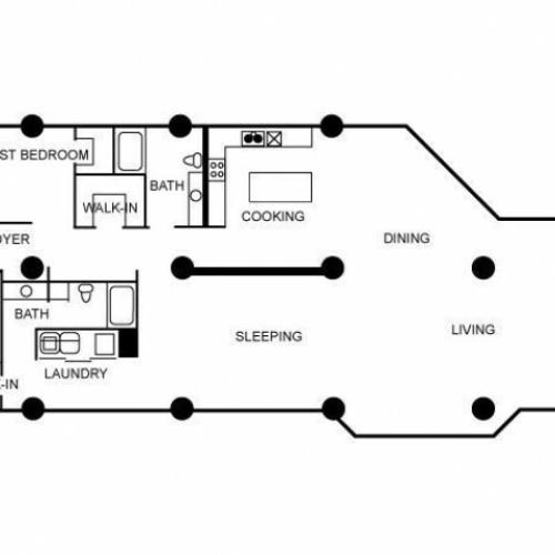 Loft apartment floor plan featuring two bedrooms and two bathrooms.