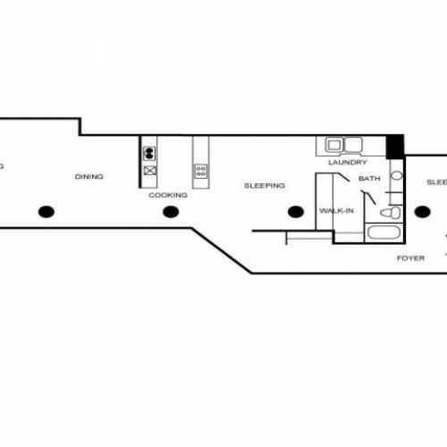 Loft style apartment unit floor plan with 2 bedrooms, 1 bathroom, laundry area, foyer, walk-in closet, dining area, living area, and kitchen.