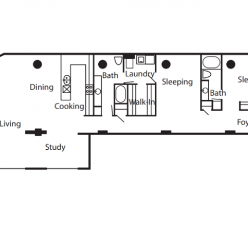 Floorplan of a unit featuring 2 bedroom, 2 bathrooms, and a study.