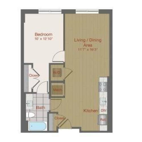 Image of the 1B One Bedroom Floor Plan | Ovation at Arrowbrook | Herndon Apartments