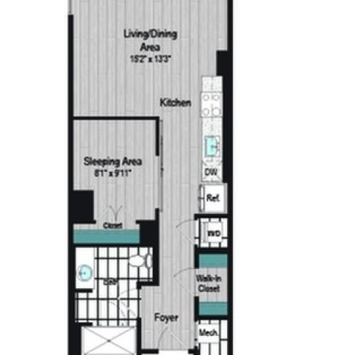 Image of M2 1B-Jr-2 Floor Plan | Meridian on First | Navy Yard Apartments | Washington DC Apartments