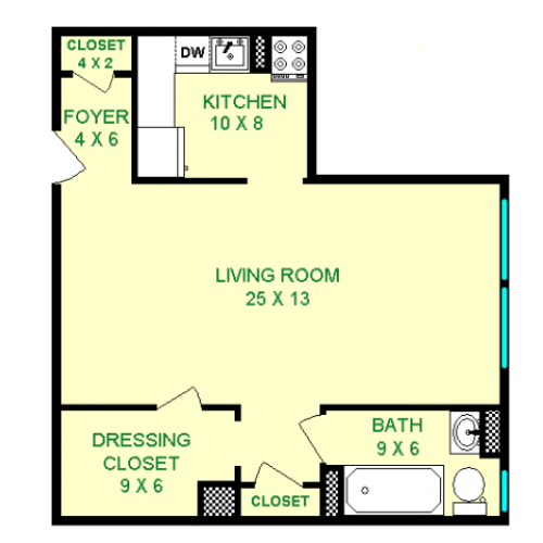Floor plan of Olympia unit, roughly 570 square feet. Featuring living room, dressing closet, full kitchen, and full bathroom.
