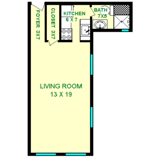 Floor plan of Scarab unit, roughly 345 square feet. Featuring living room, closet, kitchenette, and bathroom.