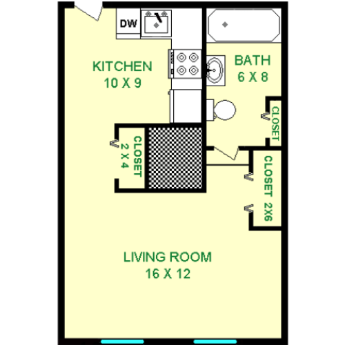 Floor plan of Streamline unit, roughly 385 square feet. Featuring living room, kitchen, and bathroom.