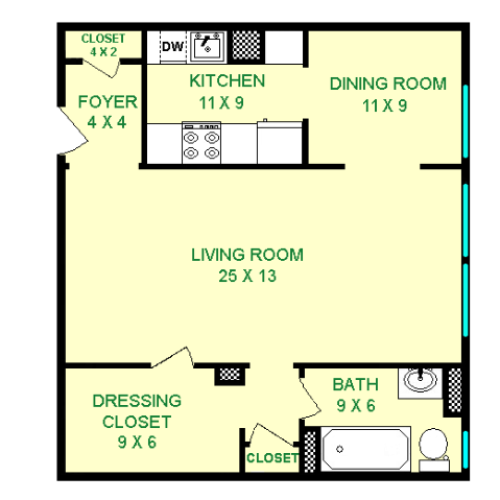Floor plan of Victoria unit, roughly 660 square feet. Featuring living room, dining room, kitchen, dressing closet, and bathroom.