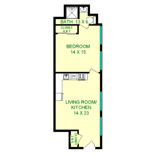 Floor plan of Crosley unit, roughly 565 square feet. Featuring living room, kitchen, bedroom, and bathroom.