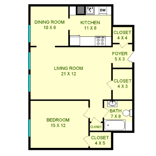 Floor plan of Plymouth, roughly 770 square feet. Featuring living room, dining room, kitchen, bedroom, and bathroom.
