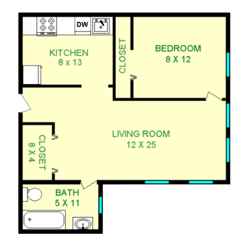 Floor plan of Rovin unit, roughly 570 square feet. Featuring living room, kitchen, bedroom, and bathroom.