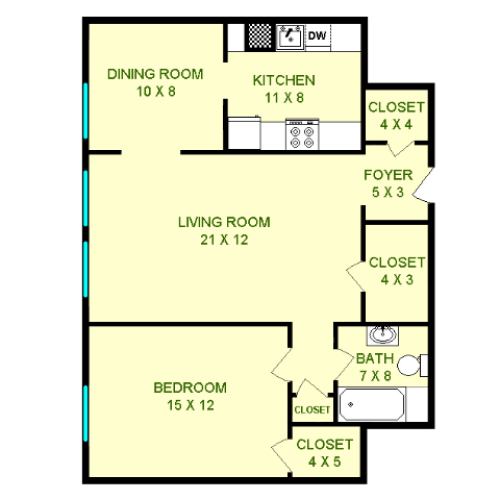Floor plan of Stanley, roughly 770 square feet. Featuring living room, dining room, kitchen, bedroom, and bathroom.