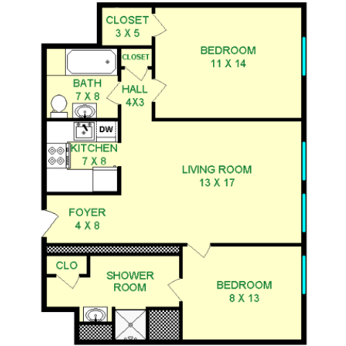 Floor plan of Phaeton unit, roughly 685 square feet. Featuring living room, kitchen, two bedrooms, and bathroom.