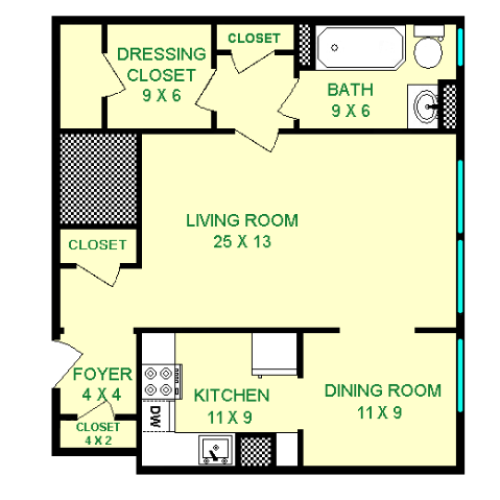 Floor plan of Minerva unit, roughly 660 square feet. Featuring living room, dining room, kitchen, dressing closet, and bathroom.