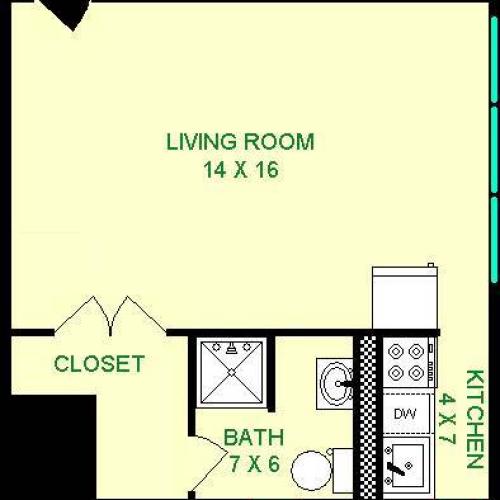 Gosling Studio Floorplan shows roughly 345 square feet, with a living room, kitchen, closet and bathroom.