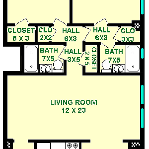 Beethoven two bedroom floorplan shows roughly 1138 square fee with two bedrooms, two bathrooms, a dining room, living room, kitchen and closets.