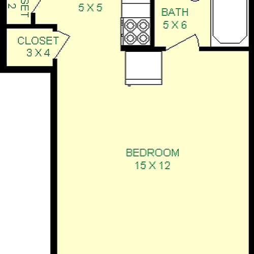Tufa floorplan shows roughly 230 square feet, with a bedroom, kitchen, bathroom and two closets.