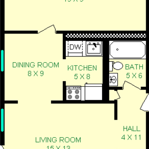 Riverton Floorplan shows roughly 590 square feet, with a living room, bedroom, dining room, kitchen, bathroom and multiple closets.