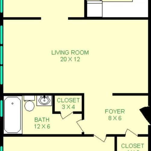 Sewickley Floorplan shows roughly 741 square feet, foyer, bedroom, bathroom, dining room and a kitchen. Multiple closets are shown as well.