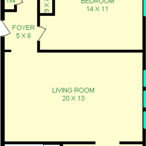 Manchester One bedroom floorplan shows Living Room, Dining Room, Kitchen, Bedroom and Bathroom.