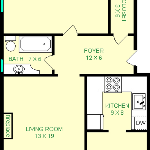 Bloomfield floorplan shows roughly 760 square feet with a bedroom, living room, kitchen, dining and bathroom.