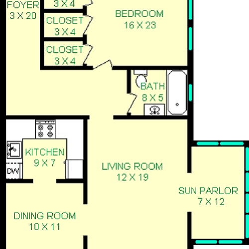 Clemente One Bedroom Floorplan shows roughly 898 square feet, with a bedroom, bathroom, living room, sun parlor, bathroom and entry foyer/hall