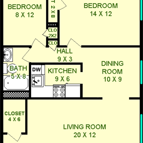 Corliss two bedroom floorplan shows roughly 790 square feet, with two bedrooms, a kitchen and dining room, living room, bathroom and closets.