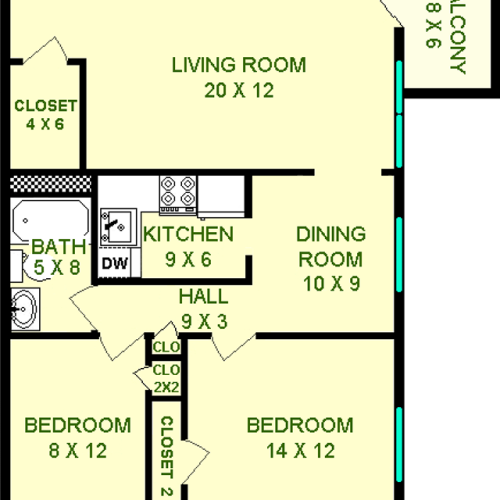Stowe two bedroom floorplan shows roughly 790 square feet. living room, balcony, dining room, kitchen, bathroom and two bedrooms are shown.