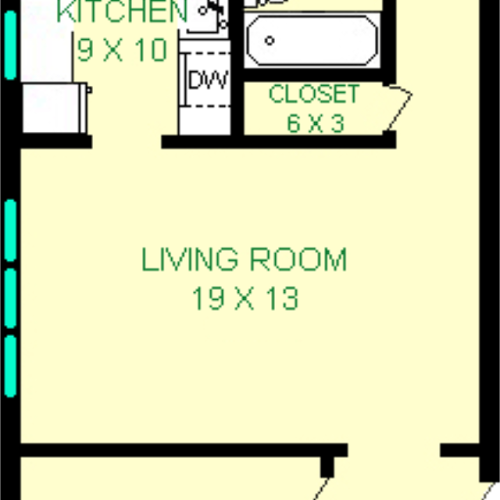 Warhol two bedroom floorplan shows roughly 912 square feet, with two bedrooms, a living room, kitchen, and bathroom.