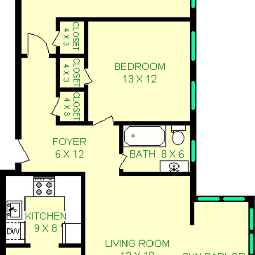 Brilliant two bedroom floorplan shows roughly 1082 square feet, with two bedrooms, living room, Dining Room, Kitchen, Sun Parlor, and bathroom
