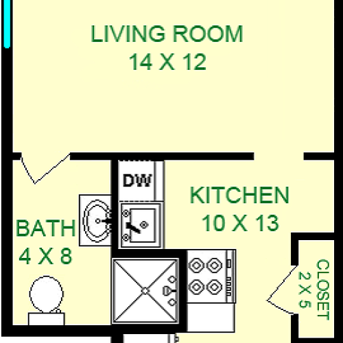 Tesla studio floorplan shows roughly 330 square feet, with a living room, bathroom, kitchen and closet.