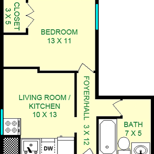 Faraday One Bedroom floorplan shows roughly 370 square feet, with a bedroom, living room/kitchen, bathroom and a foyer/hall