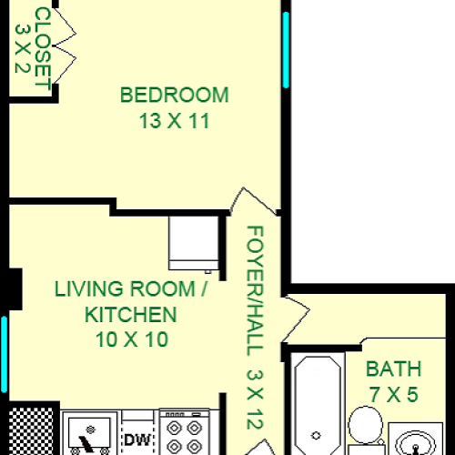 Steinmetz One Bedroom floorplan shows roughly 370 square feet, with a bedroom, living room/kitchen and a bathroom.