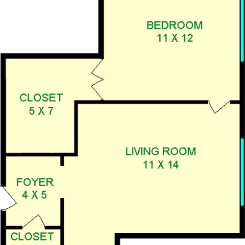 Marconi One Bedroom Floorplan shows roughly 450 square feet with a bathroom, bedroom, living room, kitchen, foyer and closets.