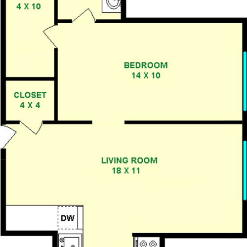 Latimer One Bedroom Floorplan shows roughly 485 square feet, with a living room, bedroom, bathroom, kitchen and closets.
