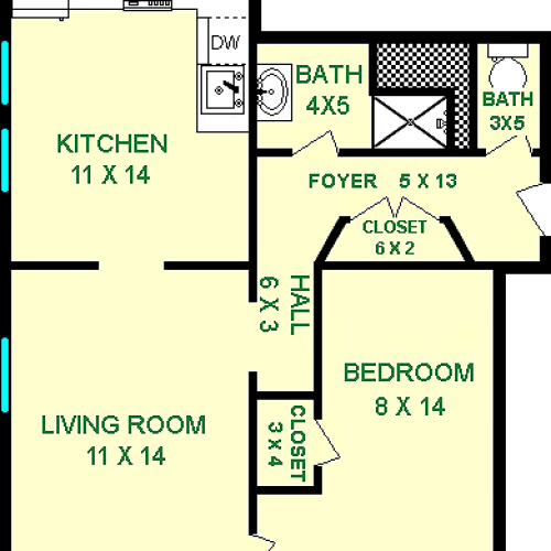 Galvani One Bedroom shows roughly 590 square feet, with a bedroom, living room, bathroom, kitchen, hall and separate sink and toilet areas