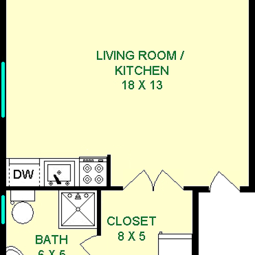 Licklider studio floorplan shows living room/kitchen, bathroom and a closet, constituting roughly 305 square feet.