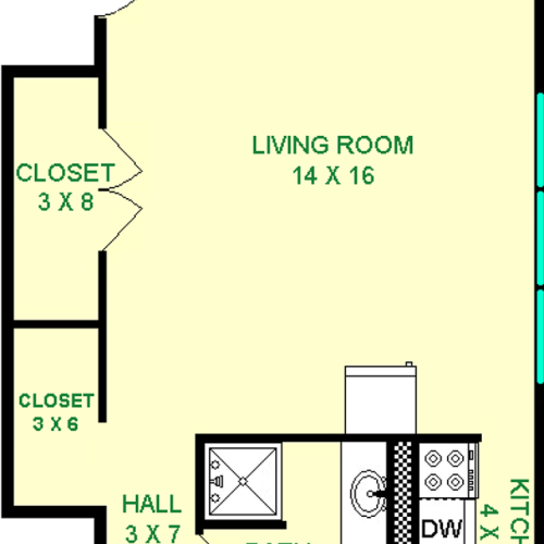 Tomlinson Studio Floorplan shows roughly 345 square feet, with a living room, Kitchen, Bathroom, hall and two closets.
