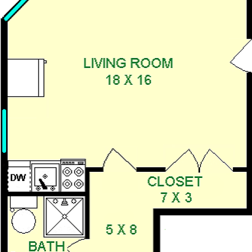 Nelson Studio floorplan shows roughly 390 square feet featuring a living room with kitchen appliances, a closet and bathroom