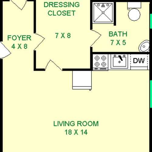 Berners-Lee studio floorplan shows roughly 470 square feet with a foyer, living room, dressing closet leading to a bathroom, and a coat closet.