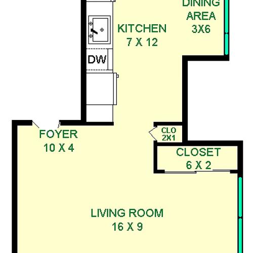 Aclea studio Floorplan shows roughly 305 square feet Living Room, Kitchen, and Dining Area. There are two closets shown.