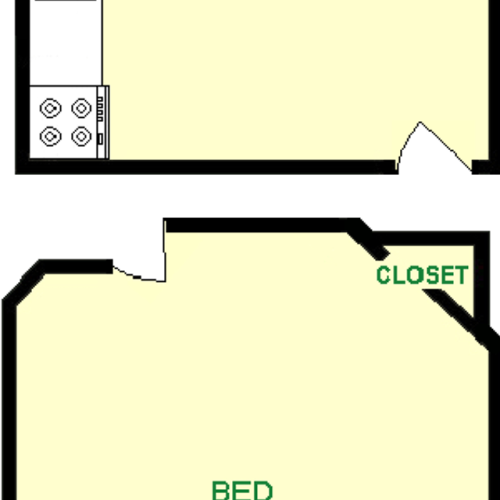Anemone floorplan shows roughly 340 square feet, split between two rooms, a kitchen and a bedroom. There is a closet shown. The bathroom is shared.