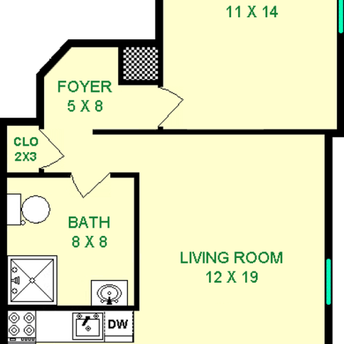 Achillea one bedroom floorplan shows roughly 580 Square Feet there is a living room, kitchen, bathroom bedroom, two closets and a foyer.